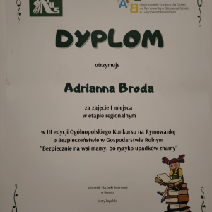 Dyplom Adrianny Brody - laureatki konkursu