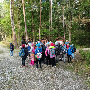 Uczestnicy wycieczki do Nadleśnictwa Dąbrowa Tarnowska stoją obok tablic informacyjnych, dzieci ubrane w kolorowe jesienne ubrania. Kliknięcie na zdjęcie spowoduje jego powiększenie do rozmiaru oryginalnego.