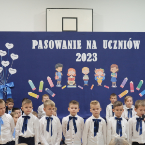 Uczniowie kl. I a i b występują na pasowaniu. Dzieci ubrane w biało-granatowe stroje recytują wierszyki i śpiewają piosenki. W tle biało-granatowa dekoracja, przed występującymi zgromadzeniu goście. Kliknięcie na zdjęcie spowoduje jego powiększenie do rozmiaru oryginalnego.