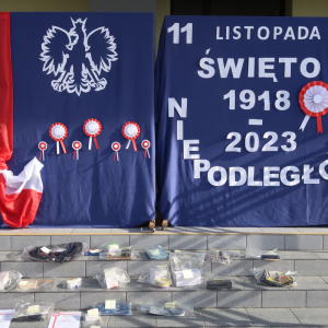 Dekoracja z okazji Narodowego Święta Niepodległości 11 listopada. Na granatowym tle biało-czerwona flaga i biały orzeł białe napisy okolicznościowe. Przed sztalugami na schodach nagrody dla uczestników konkursu Laurka dla Niepodległej. Kliknięcie na zdjęcie spowoduje jego powiększenie do rozmiaru rzeczywistego.