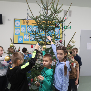 Uczniowie kl. 2 a stoją zwróceni do obiektywu aparatu. Mają wyciągnięte ręce. Zawieszają ozdoby na szkolnej choince. Kliknięcie na zdjęcie spowoduje jego powiększenie do rozmiaru oryginalnego.