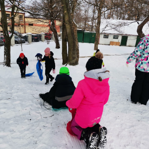 Młodzież zjeżdża z górki po śniegu. Dzieci siedzą na sankach i jadą w dół po górce. Niektórzy z nich stoją obok. Wszyscy są ubrani w ciepłe czapki, kurtki spodnie i rękawiczki. W tle drzewa. Kliknięcie na zdjęcie spowoduje jego powiększenie do rozmiaru oryginalnego.