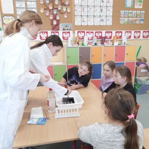 Uczniowie kl. 1-3 obserwują eksperyment wykonywany przez starsze koleżanki z kółka chemicznego. Dziewczynki demonstrują doświadczenie za pomocą sprzętu chemicznego postawionego na stoliku. Kliknięcie na zdjęcie spowoduje jego powiększenie do rozmiaru oryginalnego.