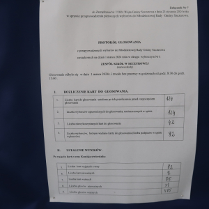 Protokół wyborczy - kartka A4, pierwsza strona zawierająca dane dotyczące głosowania.  Kliknięcie na zdjęcie spowoduje jego powiększenie do rozmiaru oryginalnego.