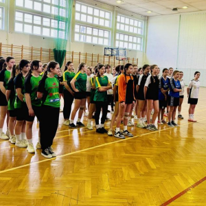 Reprezentacje dziewcząt ubrane w stroje sportowe stroje soją na hali gimnastycznej. Kliknięcie na zdjęcie spowoduje jego powiększenie do rozmiaru oryginalnego.