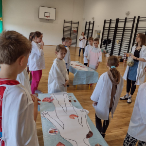 Uczniowie klas 3 oglądają schemat ciała człowieka podczas warsztatów medycznych przeznaczonych dla kl. 1-3. Kliknięcie na zdjęcie spowoduje jego powiększenie do rozmiaru oryginalnego.