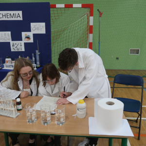 Osoby biorące udział w konkursie w trakcie rozwiązywania zadań z chemii.  Kliknięcie na zdjęcie spowoduje jego powiększenie do rozmiaru oryginalnego.