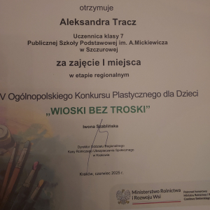 Dyplom Aleksandry Tracz za zajęcie I miejsca w etapie rejonowym konkursu. Kliknięcie na zdjęcie spowoduje jego powiększenie do rozmiaru oryginalnego.