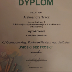 Wyróżnienie dla Aleksandry Tracz w etapie wojewódzkim konkursu "Wiosna bez trosk". Kliknięcie na zdjęcie spowoduje jego powiększenie do rozmiaru oryginalnego.