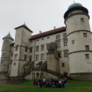 Uczniowie klas 8 a i b wraz z panią Katarzyną Biedrońską przed zamkiem w Nowym Wiśniczu. Kliknięcie na zdjęcie spowoduje jego powiększenie do rozmiaru oryginalnego.
