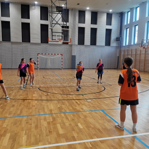 Dziewczęta rozgrywają mecz koszykówki na hali gimnastycznej. Kliknięcie na zdjęcie spowoduje jego powiększenie do rozmiaru oryginalnego.