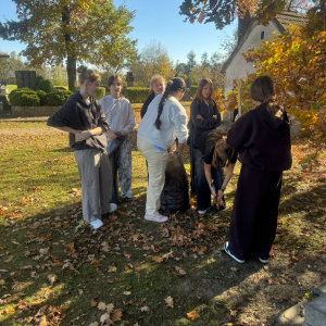 Uczewnnice wrzucają liście zgrabione na cmentarzu do worków. Kliknięcie na zdjęcie spowoduje jego powiększenie do rozmiaru oryginalnego.