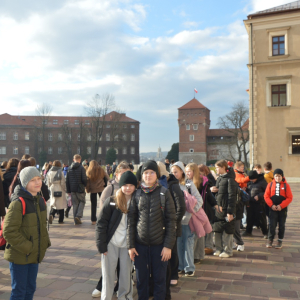 Uczniowie klas 5 na dziedzińcu Wawelu. Kliknięcie na zdjęcie spowoduje jego powiększenie do rozmiaru oryginalnego.