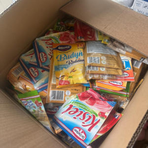 Budynie i kisiele zebrane w kartonie. Kliknięcie na zdjęcie spowoduje jego powiększenie do rozmiaru oryginalnego.