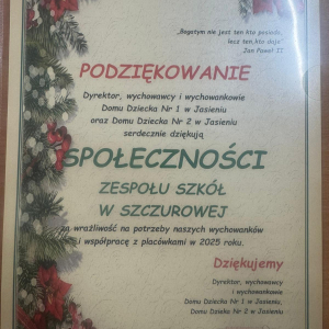 Podziękowanie z motywami świątecznymi od Dyrekcji Domu Dziecka w Jasieniu. Kliknięcie na zdjęcie spowoduje jego powiększeni do rozmiaru oryginalnego.