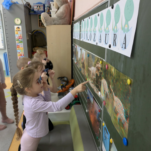 Przedszkolaki w oglądają dinozaury na tablicy. Kliknięcie na zdjęcie spowoduje jego powiększenie do rozmiaru oryginalnego.