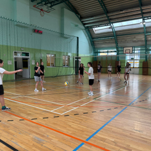 Uczniowie w trakcie gry w siatkę na hali gimnastycznej.  Kliknięcie na zdjęcie spowoduje jego powiększenie do rozmiaru oryginalnego.