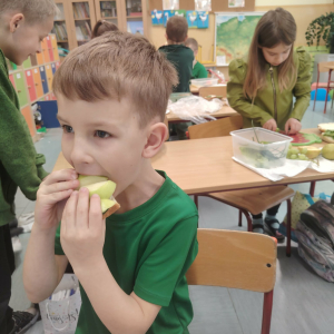 Chłopiec z klasy 1 w trakcie jedzenia kanapki. Kliknięcie na zdjęcie spowoduje jego powiększenie do rozmiaru oryginalnego.
