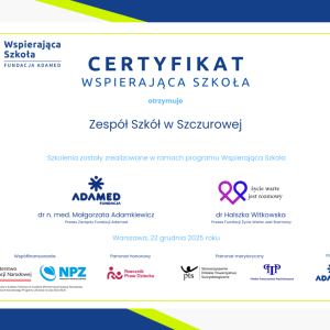 Certyfikat "Wspierającej Szkoły". Kliknięcie na zdjęcie spowoduje jego powiększenie do rozmiaru oryginalnego.