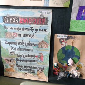 Plakat klasy 6a wyróżniony 1 miejscem w konkursie ekologicznym. Kliknięcie na zdjęcie spowoduje jego powiększenie do rozmiaru oryginalnego.