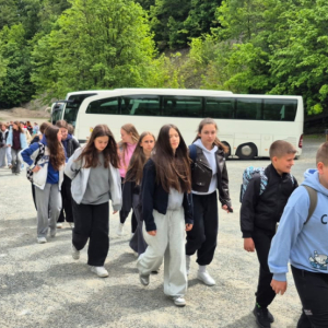Uczniowie obok autobusu w czasie wycieczki. Kliknięcie na zdjęcie spowoduje jego powiększenie do rozmiaru oryginalnego. 