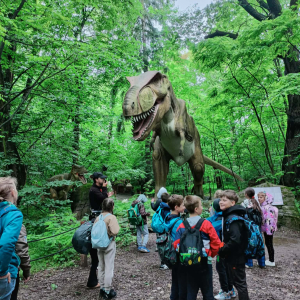 Uczniowie klas 2 wraz z nauczycielami zwiedzają park z dinozaurami. Kliknięcie na zdjęcie spowoduje jego powiększenie do rozmiaru oryginalnego.